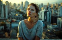 A woman with light brown hair and freckles looks upward thoughtfully while standing on a rooftop, with a cityscape of tall buildings and a golden sunset in the background.