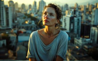A woman with light brown hair and freckles looks upward thoughtfully while standing on a rooftop, with a cityscape of tall buildings and a golden sunset in the background.