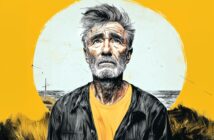 An older man with gray hair and a beard stands by the sea, looking upward with a thoughtful expression. He wears a dark jacket over a yellow shirt. The background is bright yellow with a circular pattern.