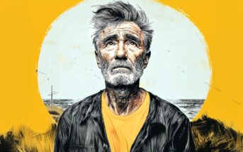 An older man with gray hair and a beard stands by the sea, looking upward with a thoughtful expression. He wears a dark jacket over a yellow shirt. The background is bright yellow with a circular pattern.