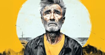 An older man with gray hair and a beard stands by the sea, looking upward with a thoughtful expression. He wears a dark jacket over a yellow shirt. The background is bright yellow with a circular pattern.