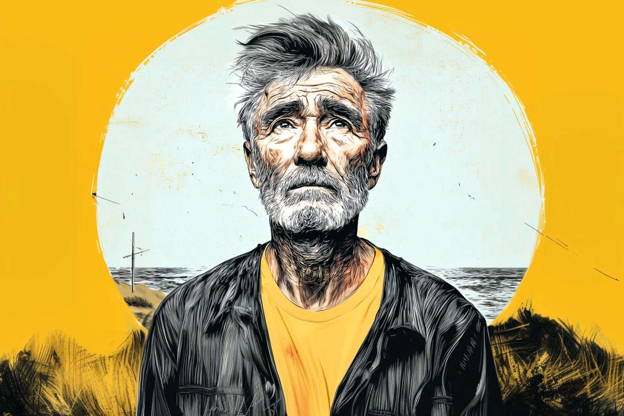 An older man with gray hair and a beard stands by the sea, looking upward with a thoughtful expression. He wears a dark jacket over a yellow shirt. The background is bright yellow with a circular pattern.