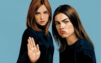 A woman holds up a hand in a gesture to stop, standing beside a crying woman who is pouting.