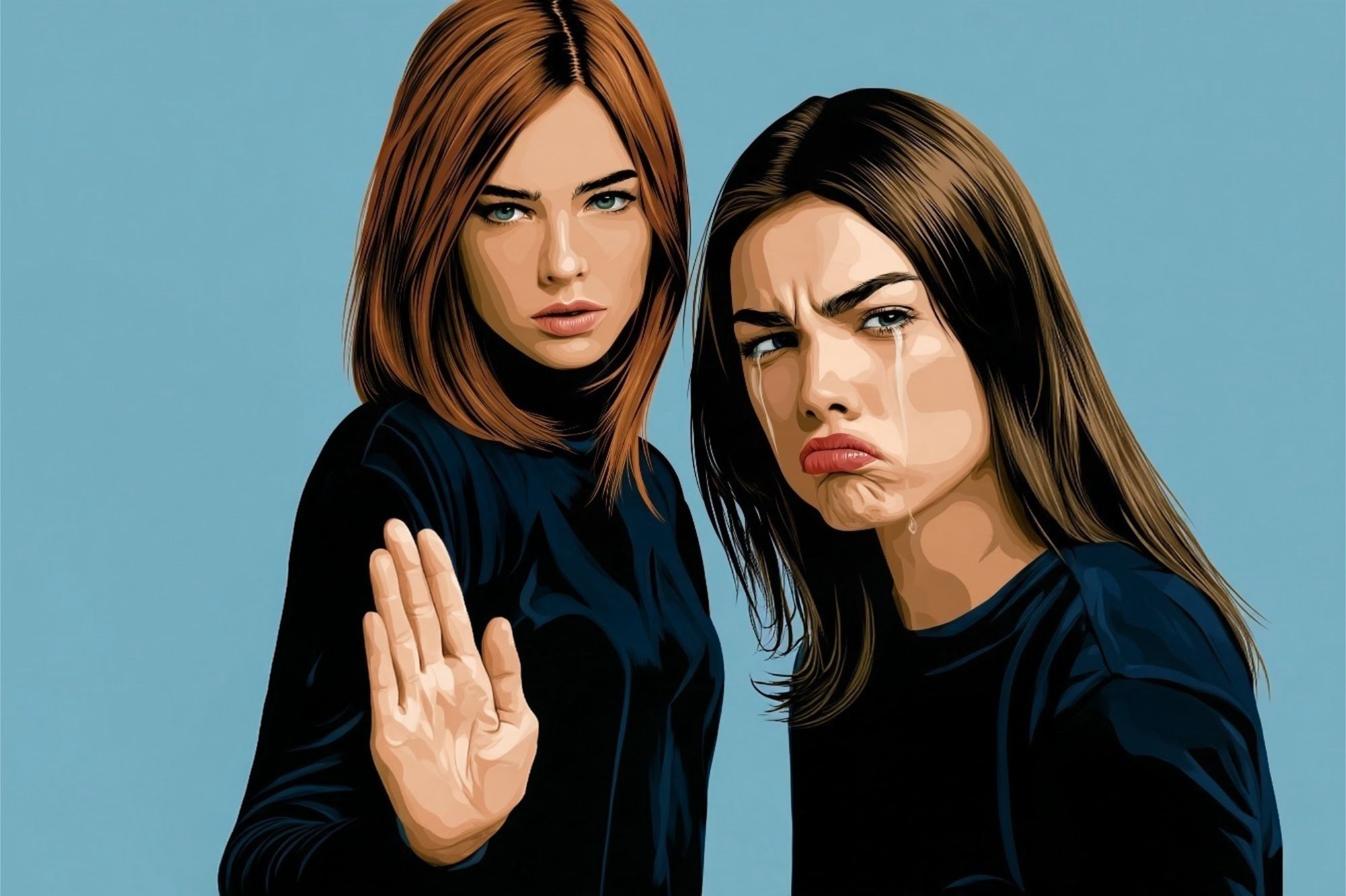 A woman holds up a hand in a gesture to stop, standing beside a crying woman who is pouting.