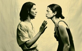 Two women face each other against a plain background; one appears calm, raising her hand as if to stop or gently reason, while the other leans forward, looking angry and confrontational.
