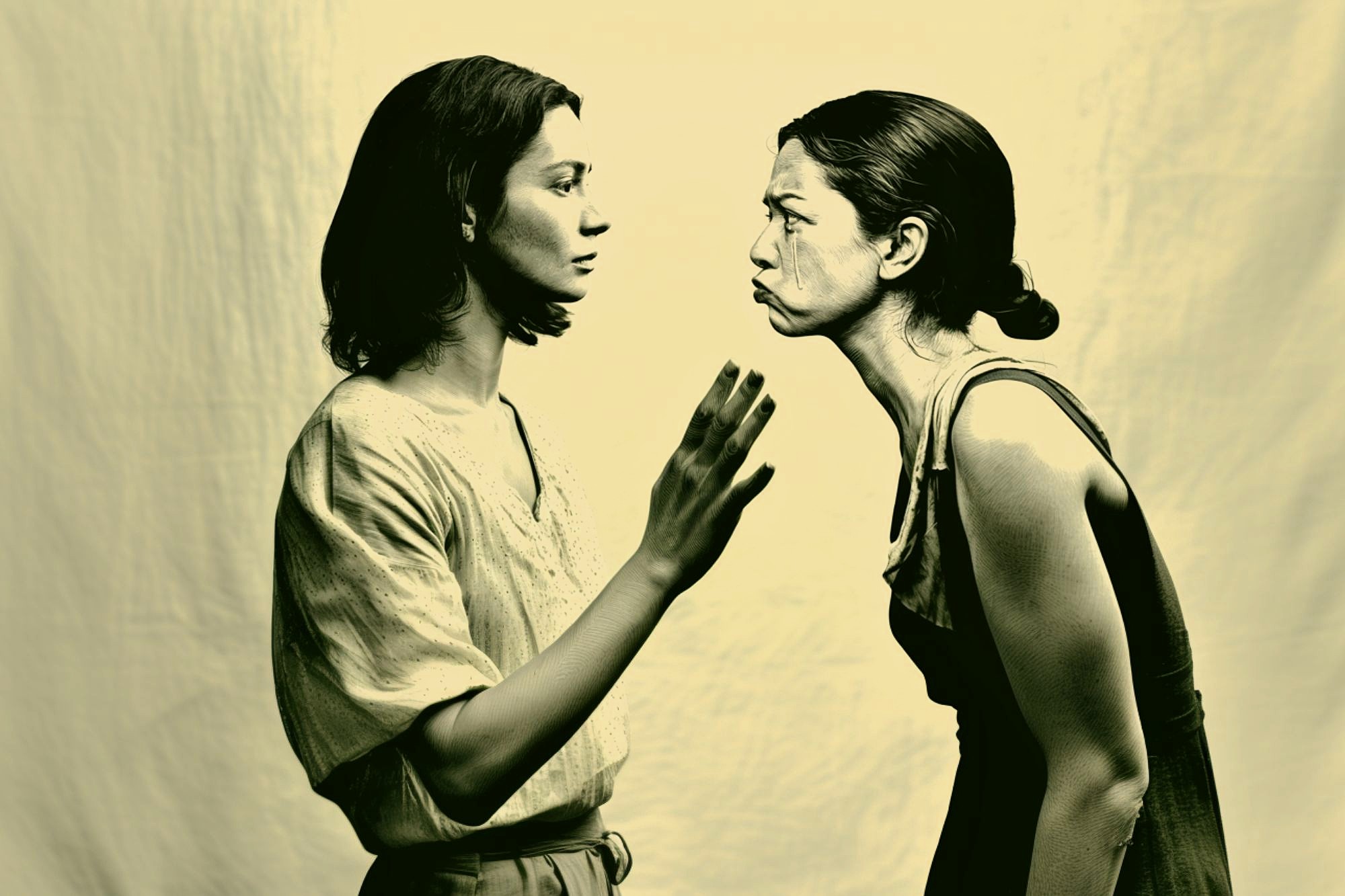 Two women face each other against a plain background; one appears calm, raising her hand as if to stop or gently reason, while the other leans forward, looking angry and confrontational.