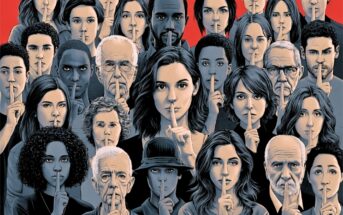 A diverse group of people holding a finger to their lips, signaling silence, with serious expressions. The background is red, and the image uses a muted, artistic color palette.