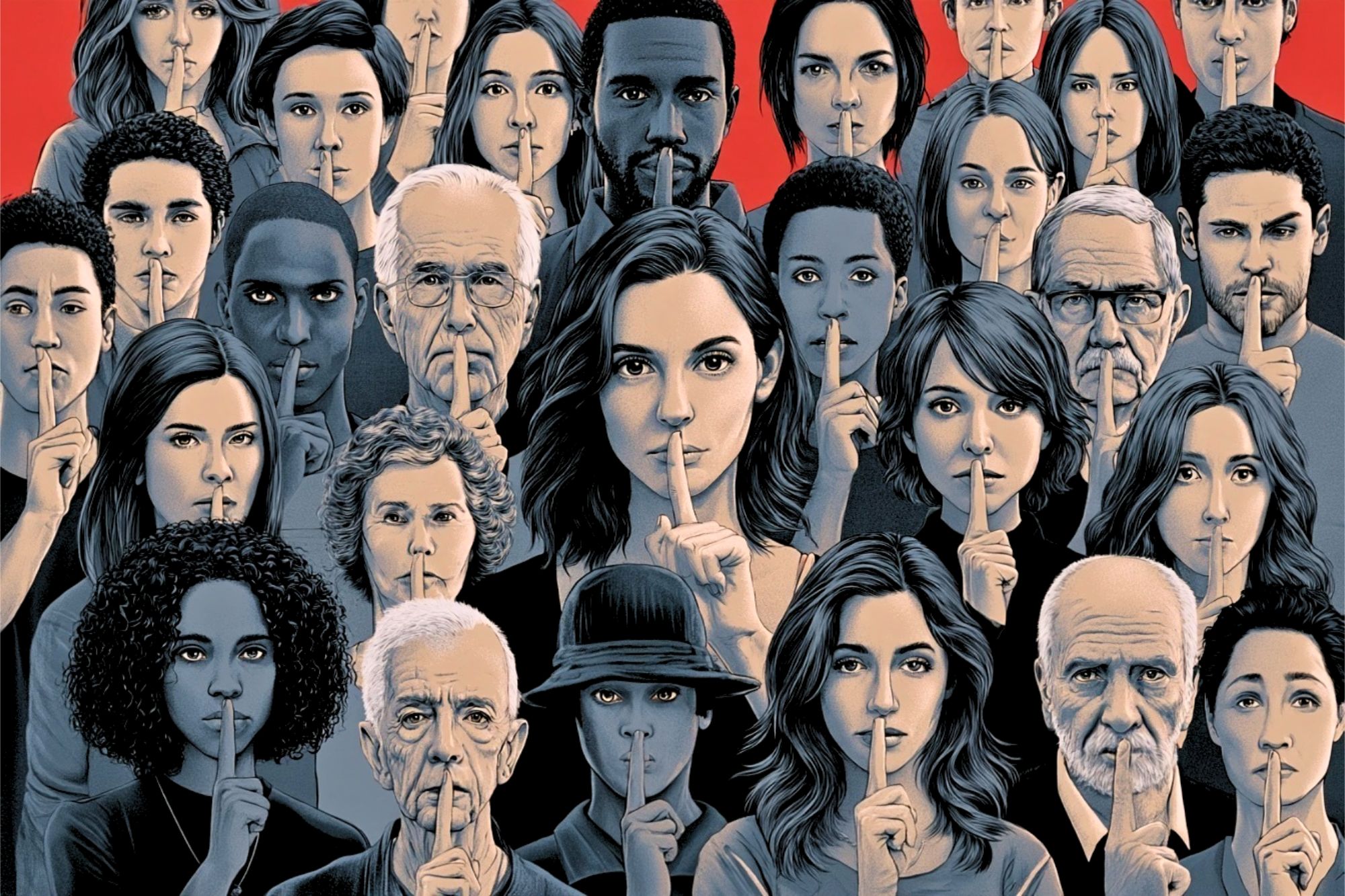 A diverse group of people holding a finger to their lips, signaling silence, with serious expressions. The background is red, and the image uses a muted, artistic color palette.