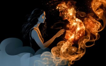 A woman with long dark hair reaches out to touch a glowing, fiery figure made of swirling orange light and sparks, set against a dark background with smoky blue elements.
