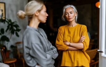 Two women stand indoors facing each other. The woman in the foreground, wearing gray, is out of focus, while the woman in the yellow sweater stands with arms crossed, looking serious or concerned. The background shows a cozy room.