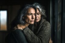 Two older women with gray hair embrace near a window, looking pensively outside. They wear warm sweaters and appear to share a moment of comfort or concern in soft, natural light.