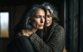 Two older women with gray hair embrace near a window, looking pensively outside. They wear warm sweaters and appear to share a moment of comfort or concern in soft, natural light.