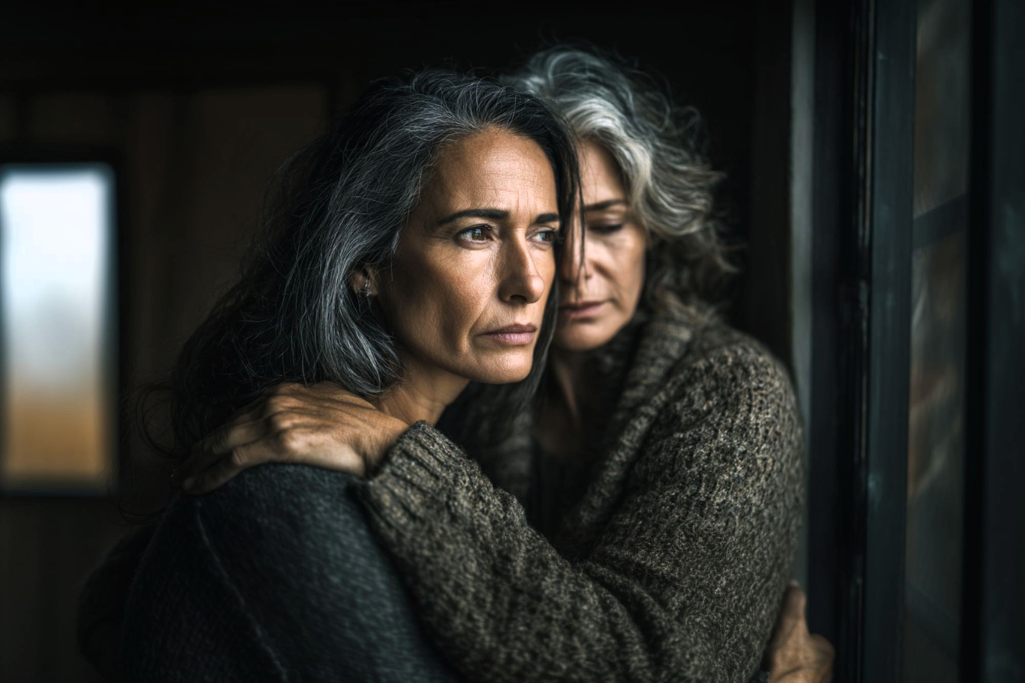 Two older women with gray hair embrace near a window, looking pensively outside. They wear warm sweaters and appear to share a moment of comfort or concern in soft, natural light.