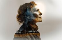 A double exposure image of a woman in profile, overlaid with a landscape of bare trees and a golden field, blending her face with nature elements against a light background.