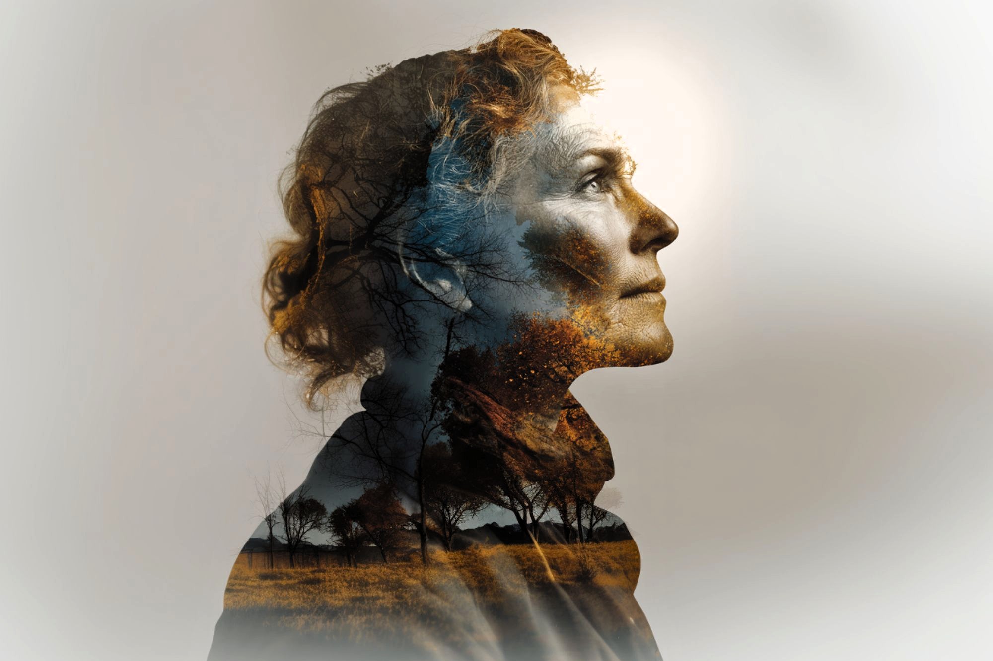 A double exposure image of a woman in profile, overlaid with a landscape of bare trees and a golden field, blending her face with nature elements against a light background.