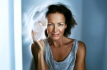 A woman with blue eyes and tousled hair holds a translucent, ghostly mask in front of her face, creating an ethereal effect. She wears a gray sleeveless top and stands in soft, cool lighting.