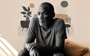 An older man sits pensively indoors, hands resting on his knee, with abstract, sketch-like drawings of a living room and plants on the beige wall behind him. Soft light enters from the left.