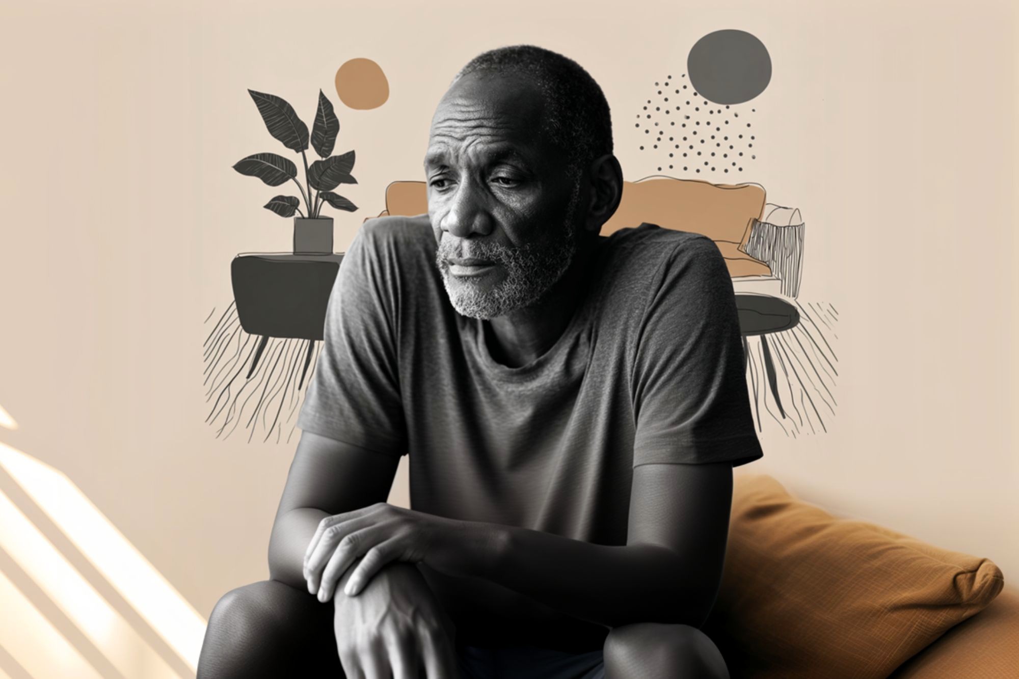 An older man sits pensively indoors, hands resting on his knee, with abstract, sketch-like drawings of a living room and plants on the beige wall behind him. Soft light enters from the left.