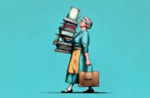 An elderly woman in a blue dress and yellow apron balances a tall, wobbly stack of kitchenware and dishes while holding a brown suitcase, walking against a plain teal background.