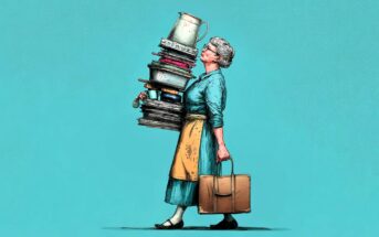 An elderly woman in a blue dress and yellow apron balances a tall, wobbly stack of kitchenware and dishes while holding a brown suitcase, walking against a plain teal background.