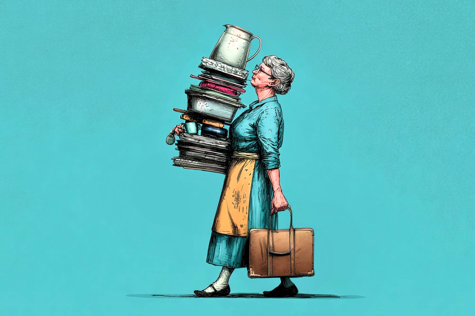 An elderly woman in a blue dress and yellow apron balances a tall, wobbly stack of kitchenware and dishes while holding a brown suitcase, walking against a plain teal background.
