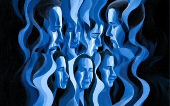 A collection of stylized faces in shades of blue, all with closed eyes and expressions of sorrow.