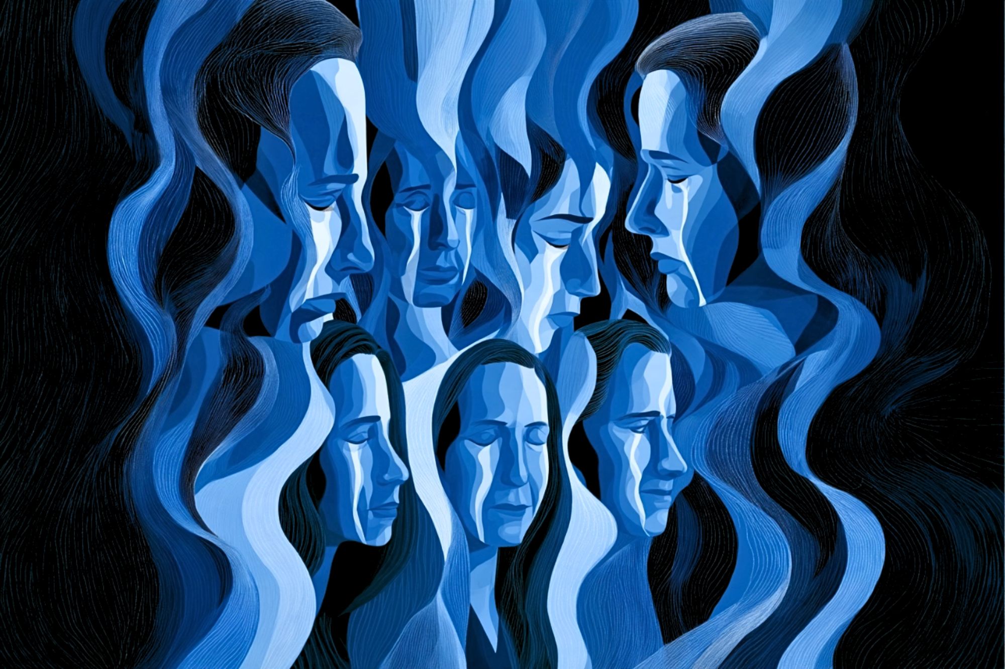A collection of stylized faces in shades of blue, all with closed eyes and expressions of sorrow.