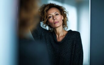 A woman with curly hair wearing a dark sweater leans against a reflective surface, looking directly at the camera with a thoughtful expression.