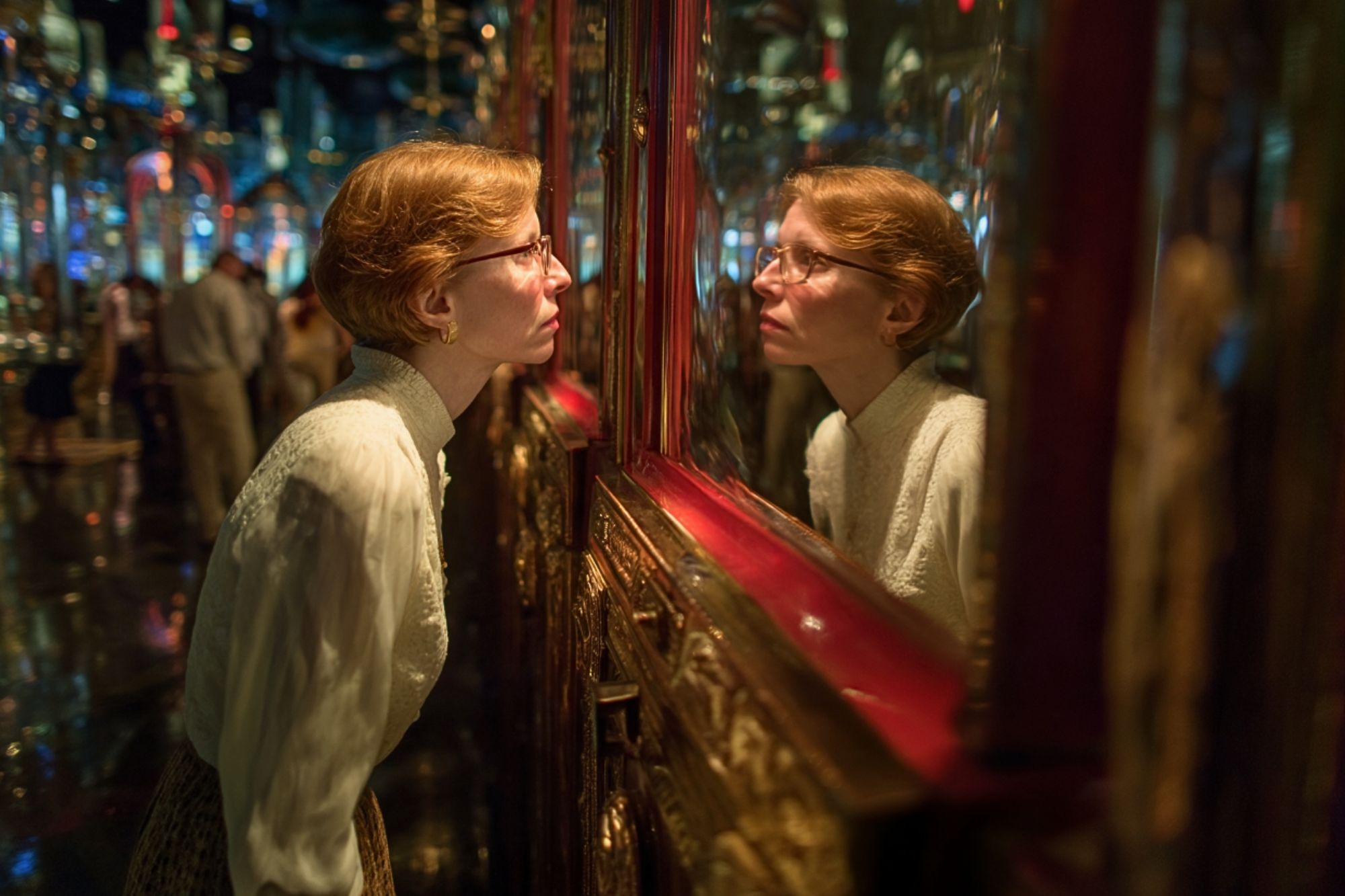 A woman with short red hair and glasses closely examines her reflection in an ornate mirror, surrounded by shimmering lights and intricate decorations.