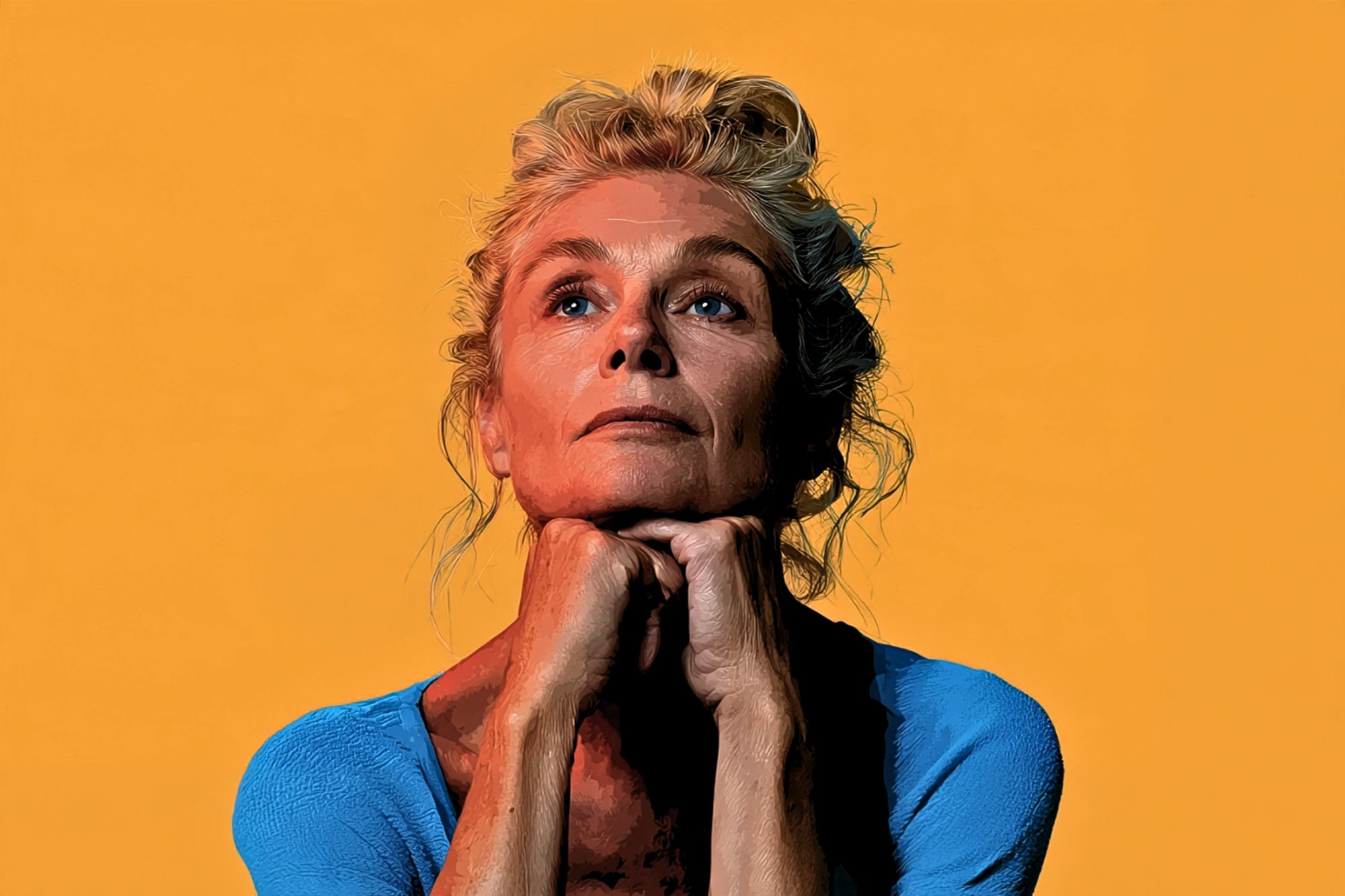 An older woman with blonde hair in an updo gazes upward, resting her chin on her hands. She wears a blue top and is set against a solid orange background. The image has a stylized, high-contrast artistic effect.