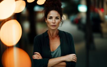 Woman with curly hair stands outdoors at dusk, arms crossed, wearing a dark shirt and hoop earrings, with blurred street lights and bokeh in the background.