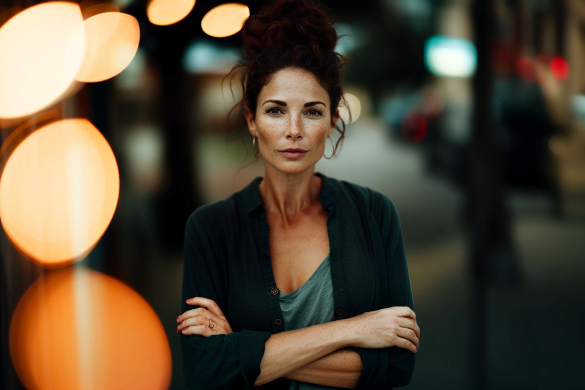 Woman with curly hair stands outdoors at dusk, arms crossed, wearing a dark shirt and hoop earrings, with blurred street lights and bokeh in the background.
