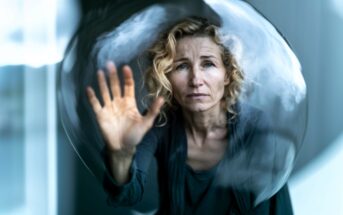 A woman with curly blonde hair touches the inside of a transparent bubble, looking out with a serious, contemplative expression. The background is softly blurred.