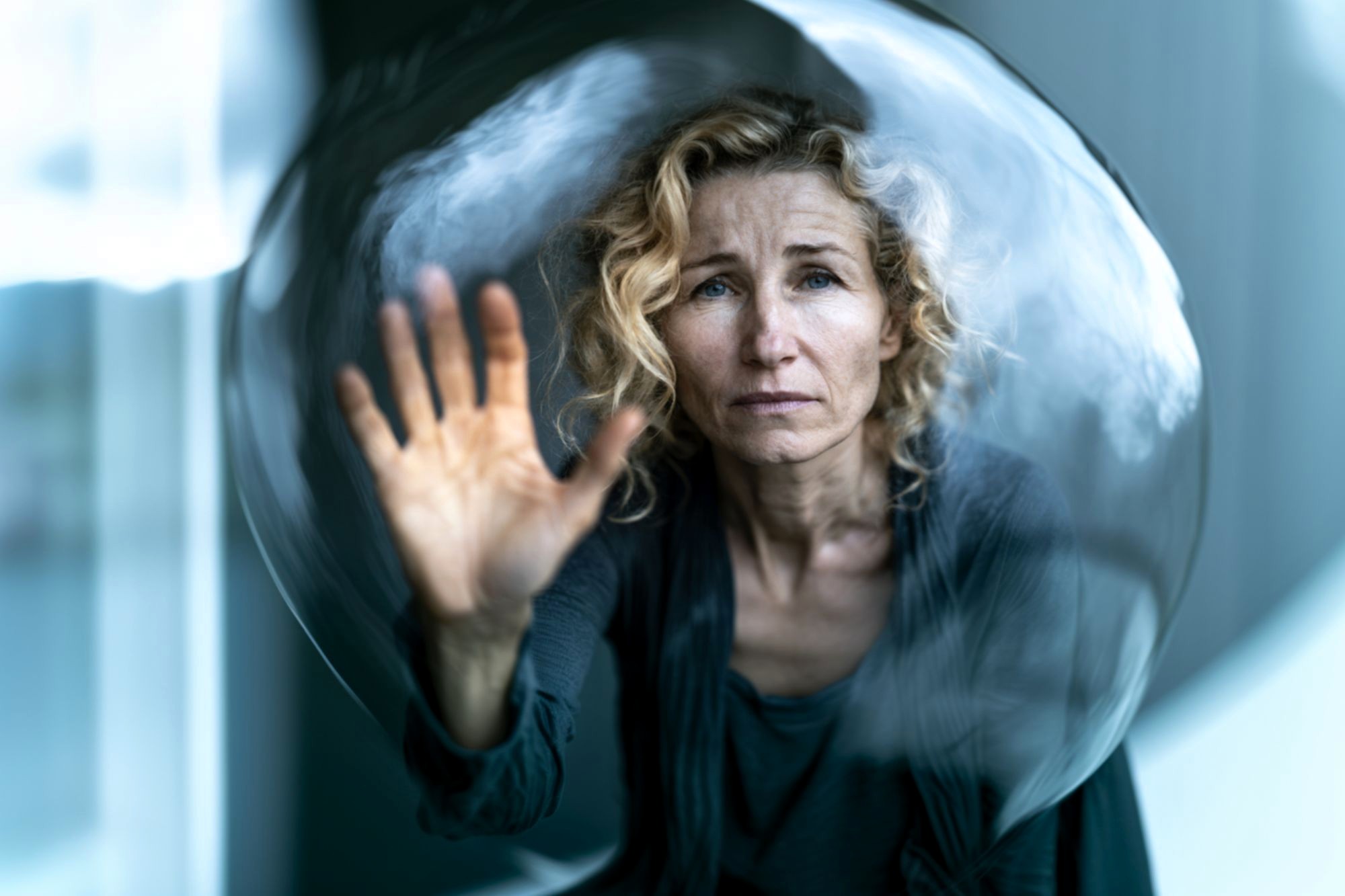 A woman with curly blonde hair touches the inside of a transparent bubble, looking out with a serious, contemplative expression. The background is softly blurred.