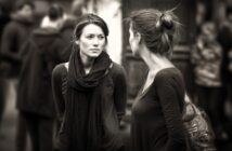 Two women stand facing each other, engaged in conversation on a busy street. One looks serious, while the other is turned slightly away. The background is blurred with people walking. The image is in black and white.