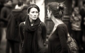 Two women stand facing each other, engaged in conversation on a busy street. One looks serious, while the other is turned slightly away. The background is blurred with people walking. The image is in black and white.