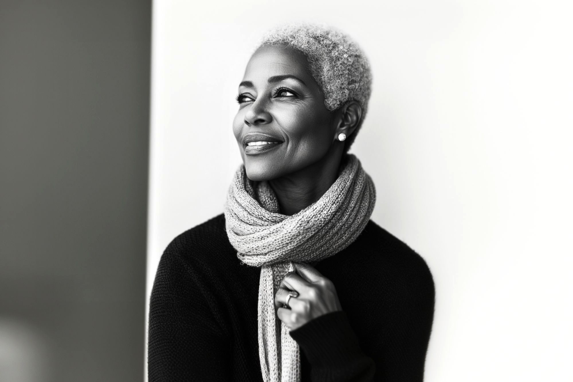 A stylish older woman with short gray hair smiles while looking to the side. She wears a textured scarf and a dark sweater, standing against a bright, minimalist background. The image is black and white.