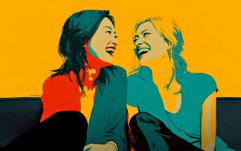 Two women sit on a couch, smiling and laughing together. The image has a vibrant, abstract style with bold colors—yellow, blue, red, and teal—giving it a pop-art feel.