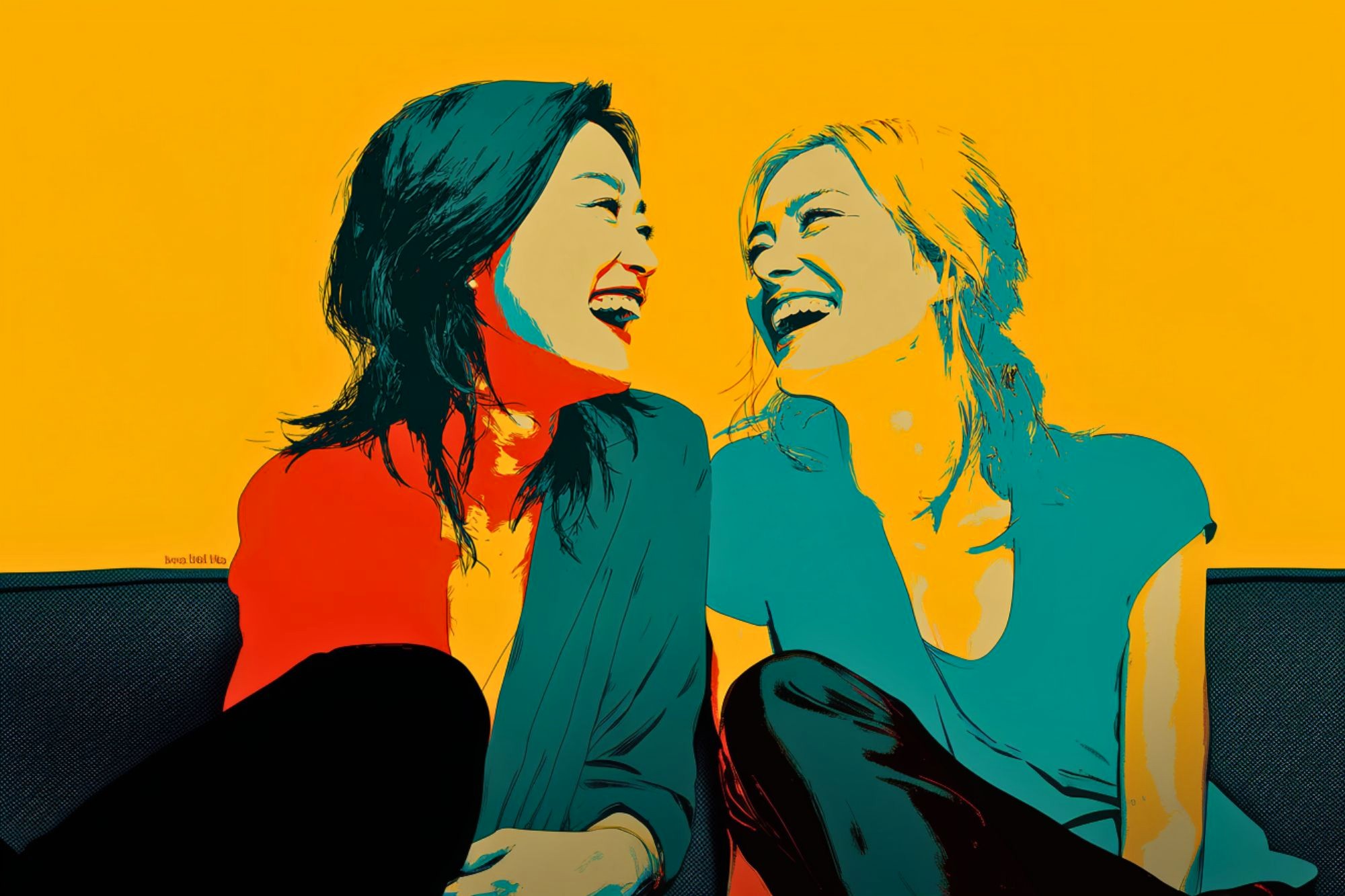 Two women sit on a couch, smiling and laughing together. The image has a vibrant, abstract style with bold colors—yellow, blue, red, and teal—giving it a pop-art feel.