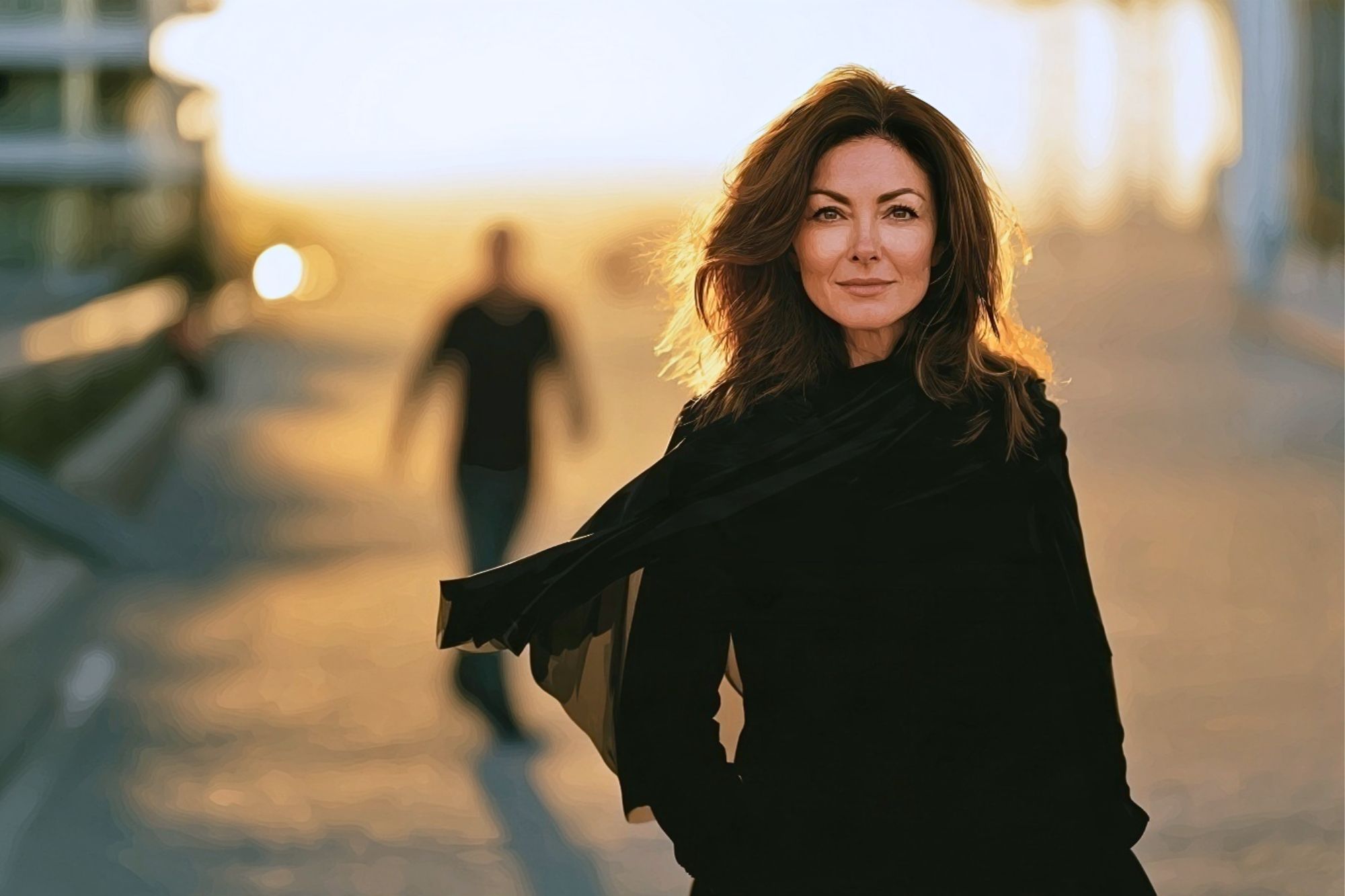 A woman in a black outfit stands in the foreground while a blurred figure walks behind her in the distance at sunset.