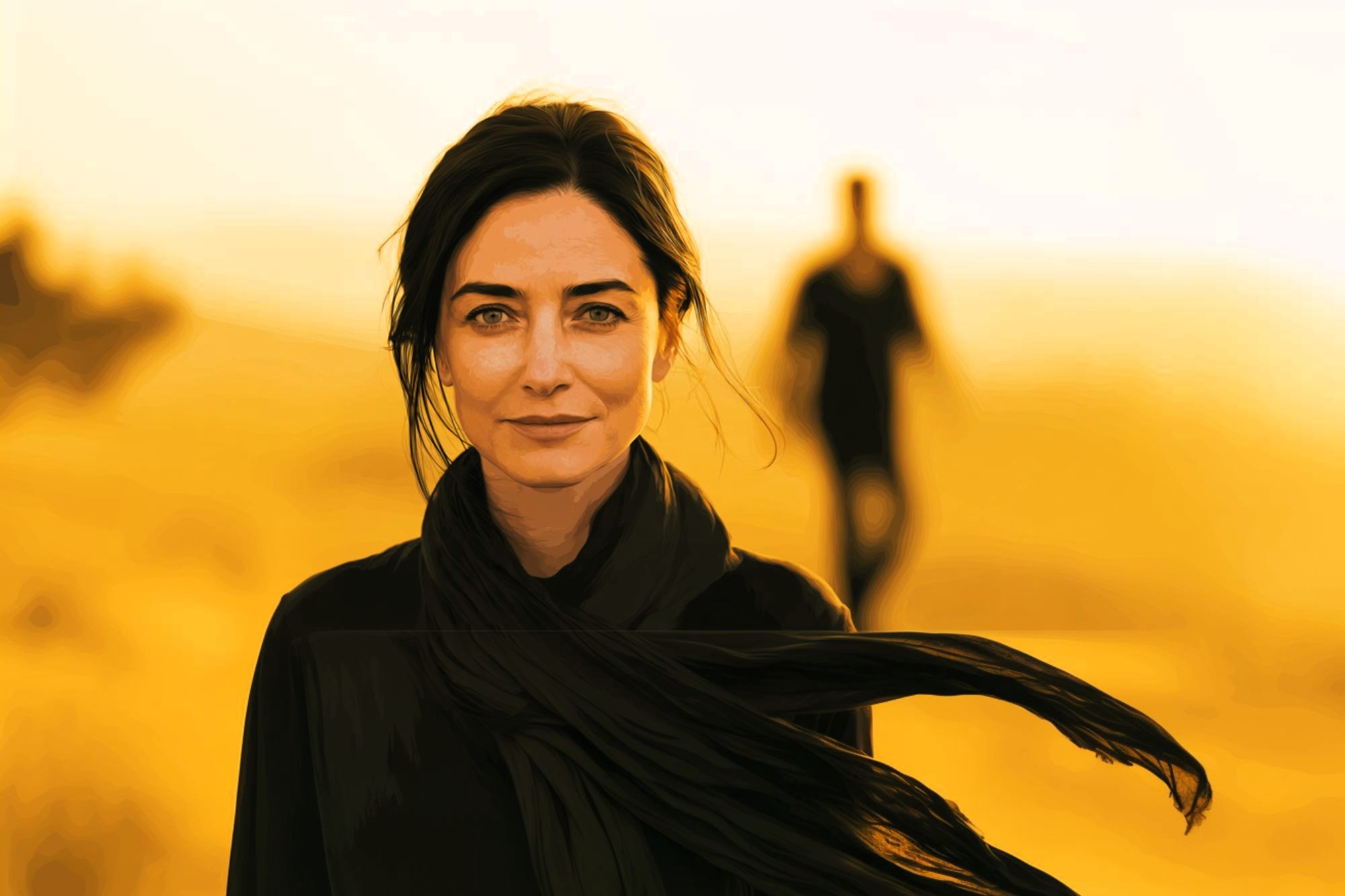 A woman with dark hair and a black scarf stands in focus against a bright yellow background, while a blurry figure walks in the distance behind her.