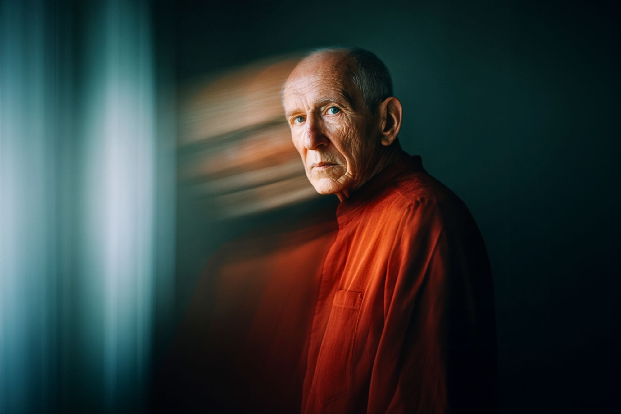 An older man in a red shirt stands by a window, looking serious. The background is dark, and there's a blurred double-exposure effect, creating a ghostly duplicate of his face to the left.
