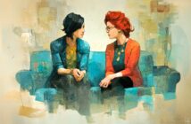 Two women sit on a blue couch facing each other, engaged in conversation. One has short dark hair and wears a blue jacket; the other has red hair, glasses, and a red jacket. The background is abstract and painterly.