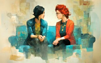 Two women sit on a blue couch facing each other, engaged in conversation. One has short dark hair and wears a blue jacket; the other has red hair, glasses, and a red jacket. The background is abstract and painterly.