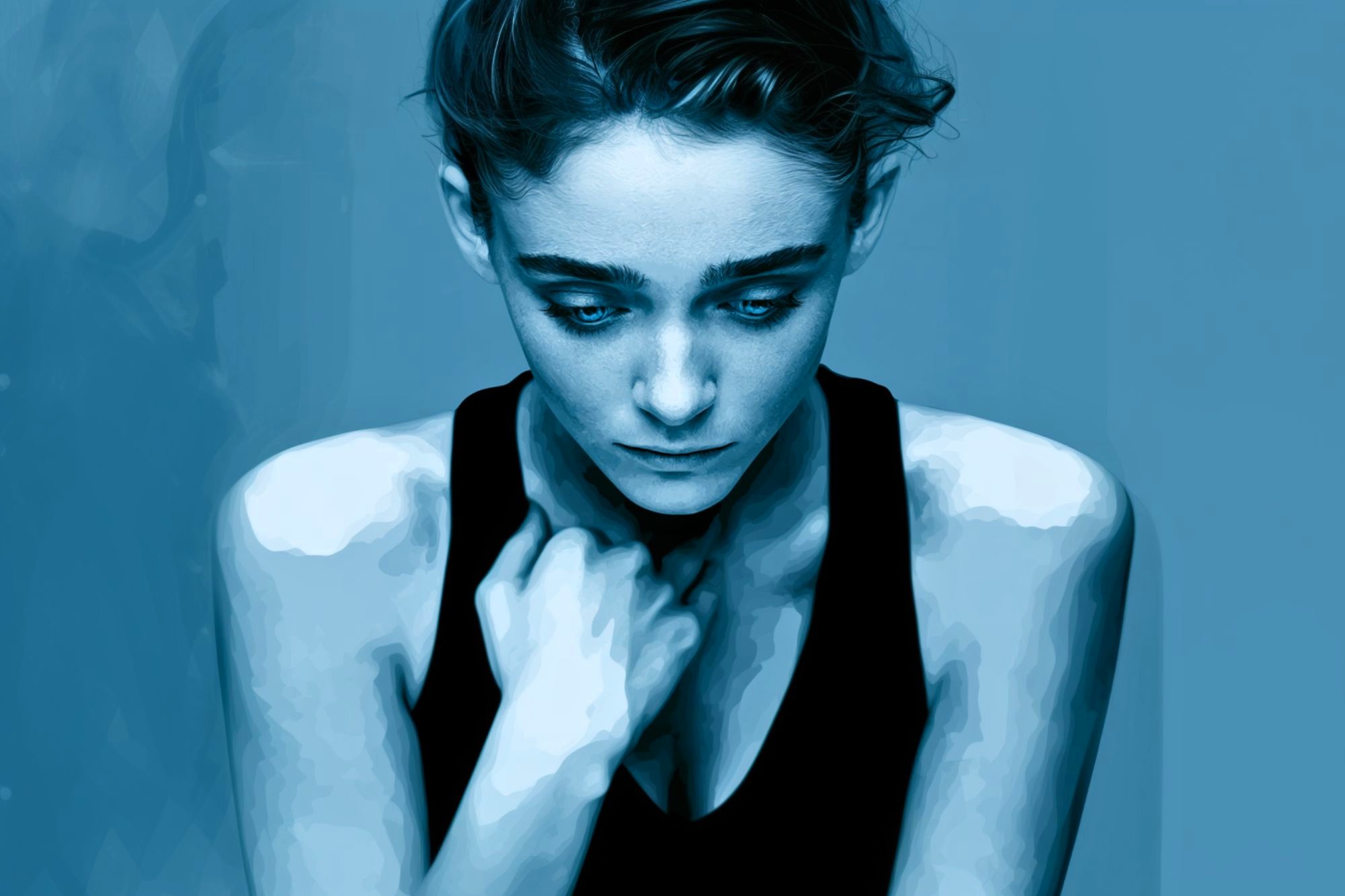 A stylized blue-toned portrait of a woman looking down, appearing thoughtful or sad, with her hand near her neck and wearing a sleeveless black top against a plain background.