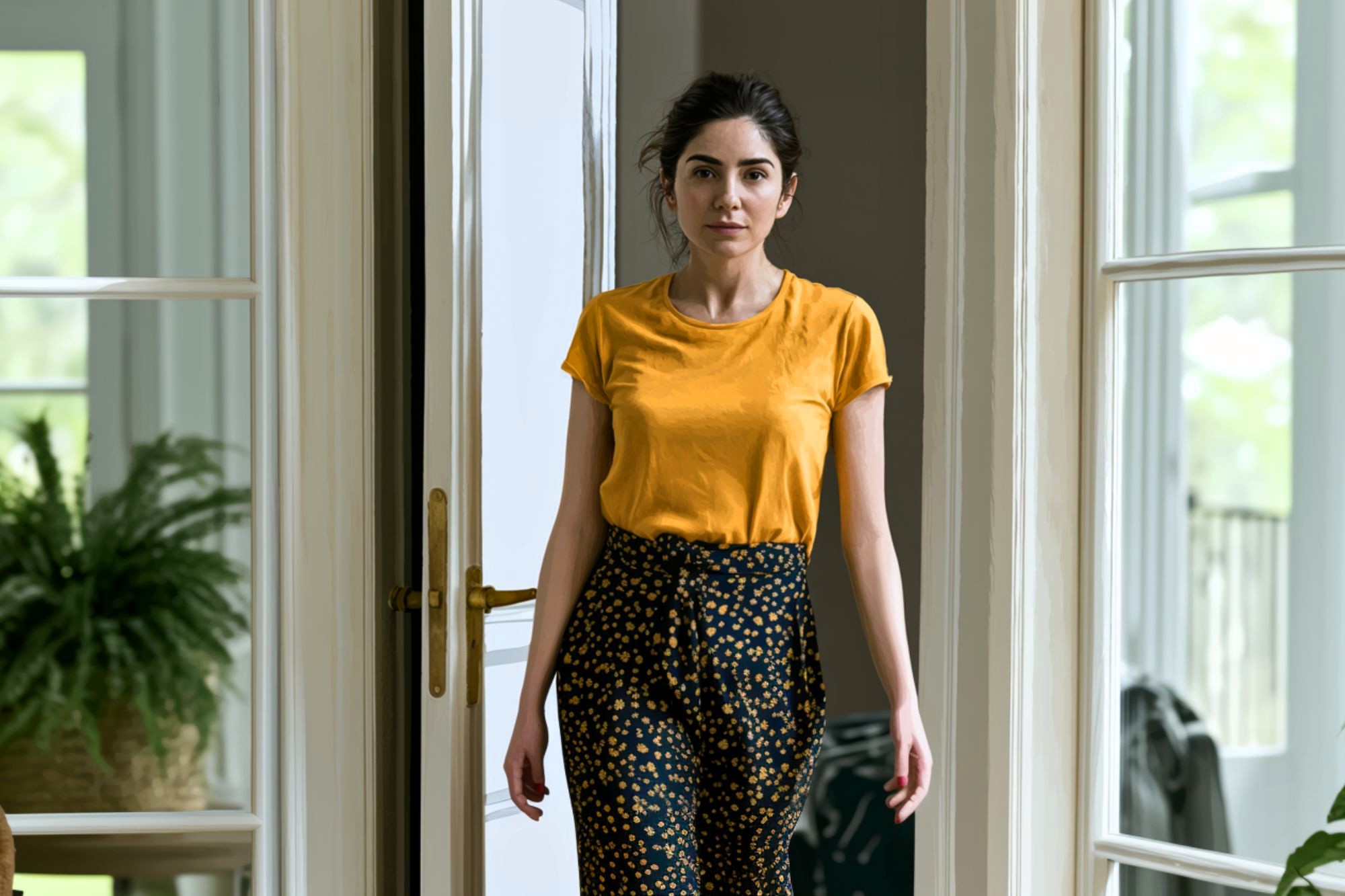 A woman with dark hair in a ponytail, wearing a yellow T-shirt and patterned pants, stands indoors near a glass door with potted plants visible in the background.