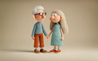 A felted figure of an elderly man with glasses and a woman in a blue dress holding hands.