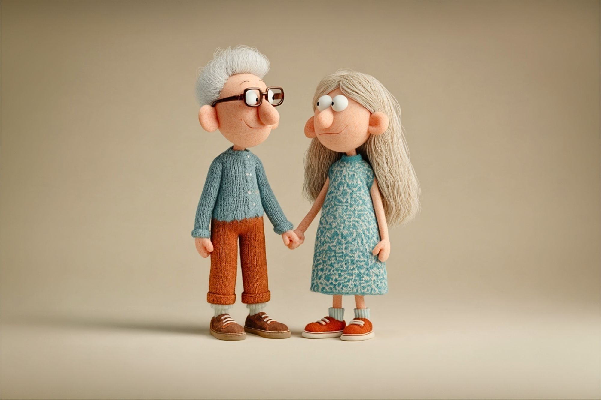 A felted figure of an elderly man with glasses and a woman in a blue dress holding hands.