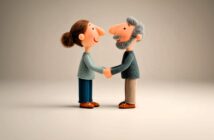 Two clay figures, a woman with brown hair in a bun and a man with gray hair and beard, stand facing each other, smiling and holding hands, on a plain, neutral background.