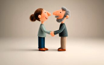 Two clay figures, a woman with brown hair in a bun and a man with gray hair and beard, stand facing each other, smiling and holding hands, on a plain, neutral background.